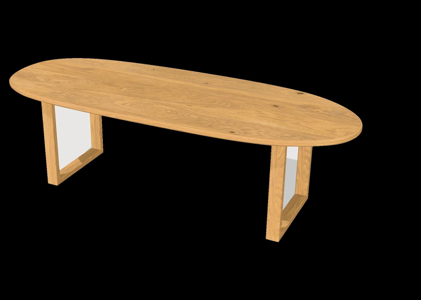 Organic-shaped honey oak table on a wooden U frame