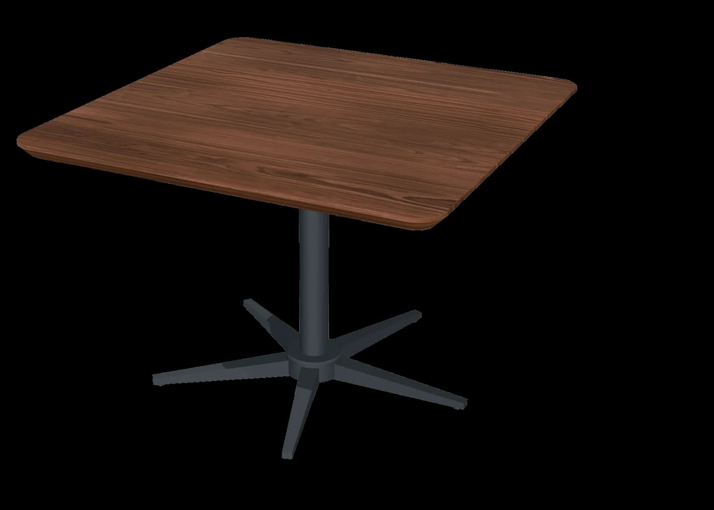 Rounded square walnut table on an anthracite star base