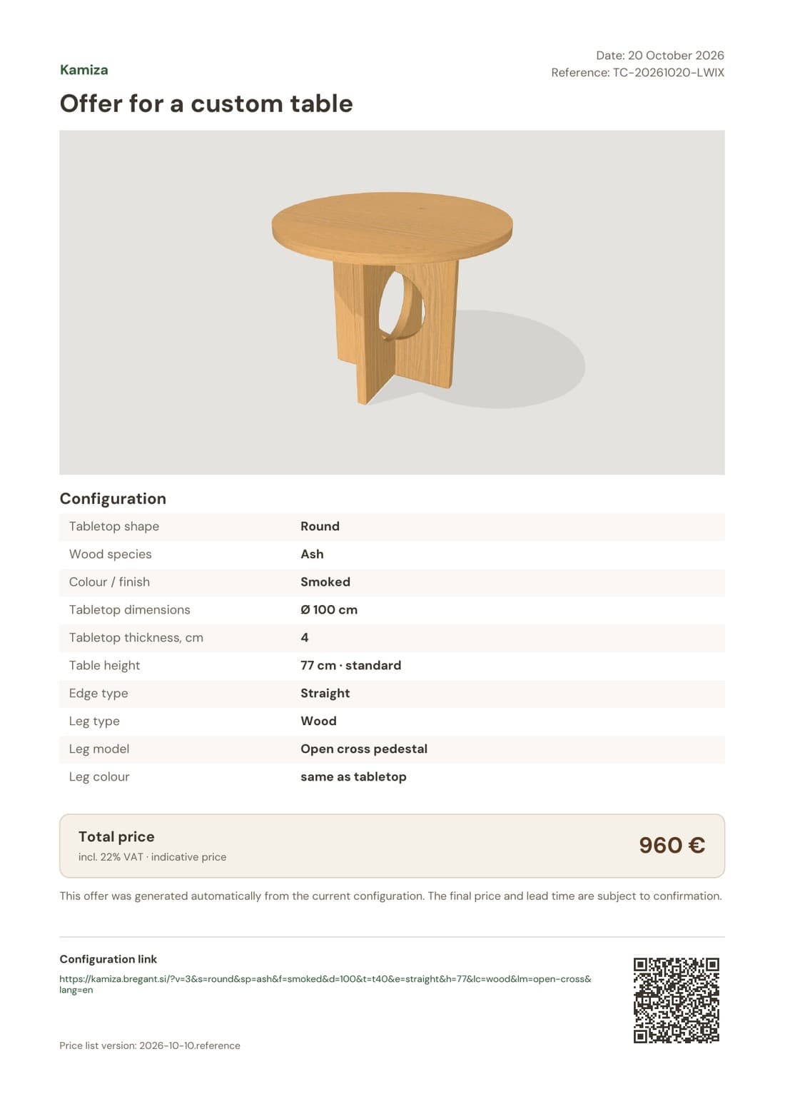A Kamiza PDF offer for a round smoked ash table on an open cross pedestal: render, configuration summary, price of 960 € incl. VAT and QR code
